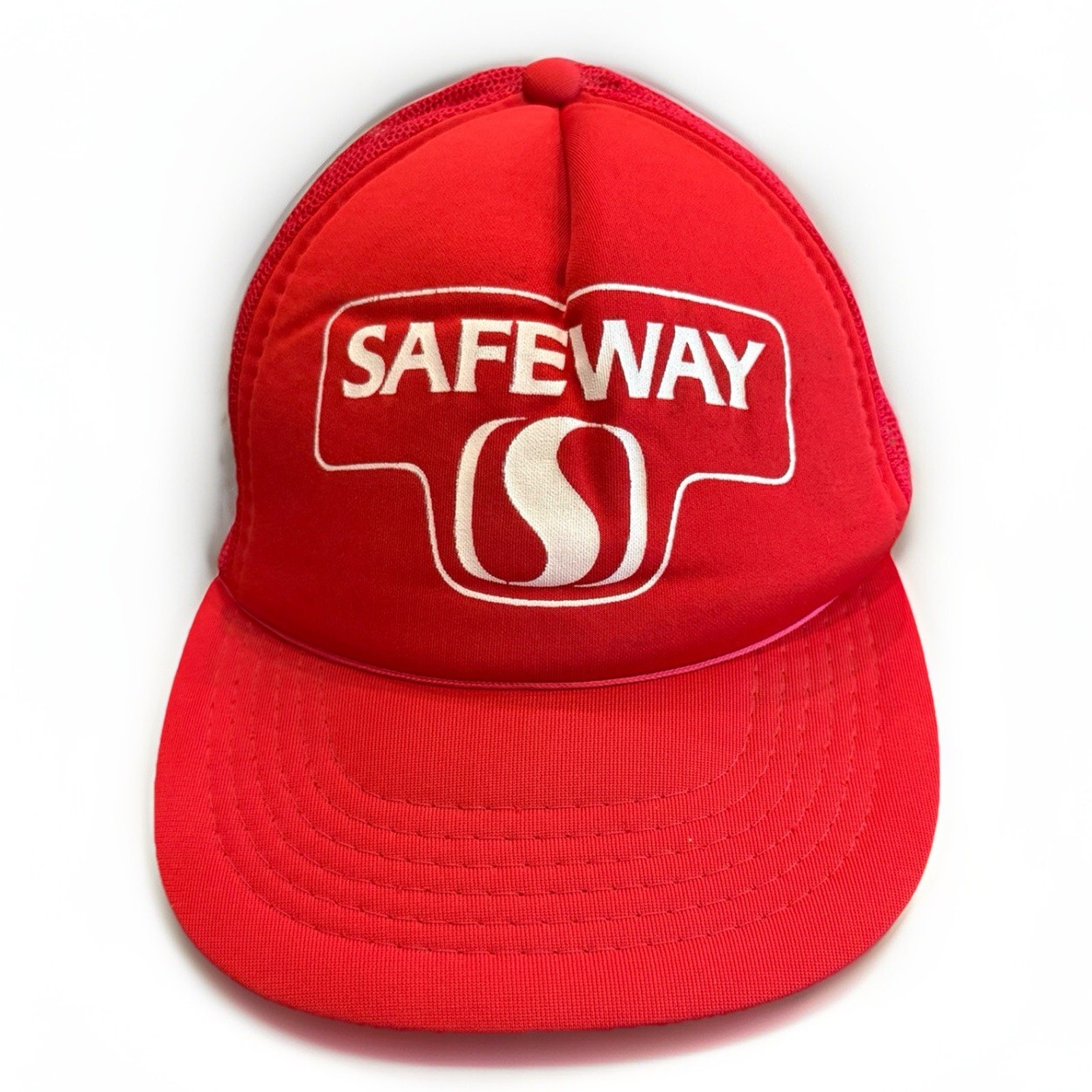 Vintage Yupoong Mens Red Safeway Adjustable Snapback Trucker Mesh Hat Cap